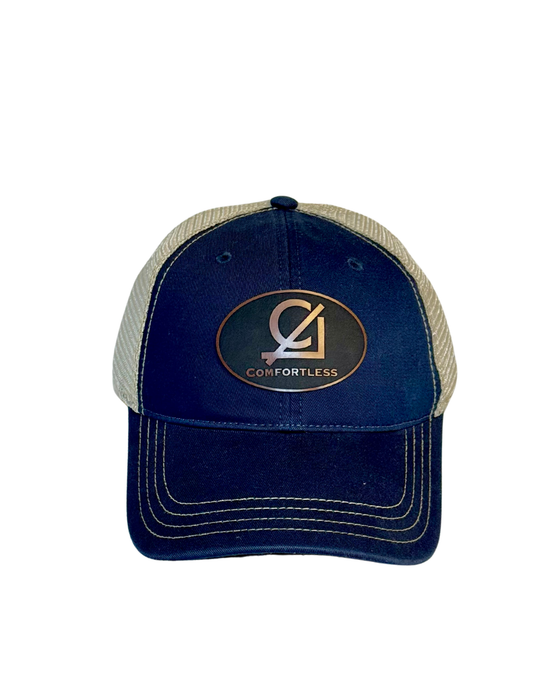 Snapback Trucker Cap, Relaxed Profile, Garment Washed, Navy/Khaki- Comfortless/Make Your Money leather patch designs