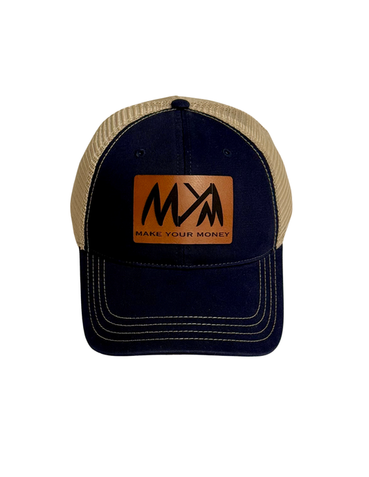 Snapback Trucker Cap, Relaxed Profile, Garment Washed, Navy/Khaki- Comfortless/Make Your Money leather patch designs